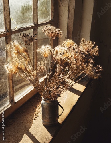 jarrón con flores marchitas , junto a la ventana