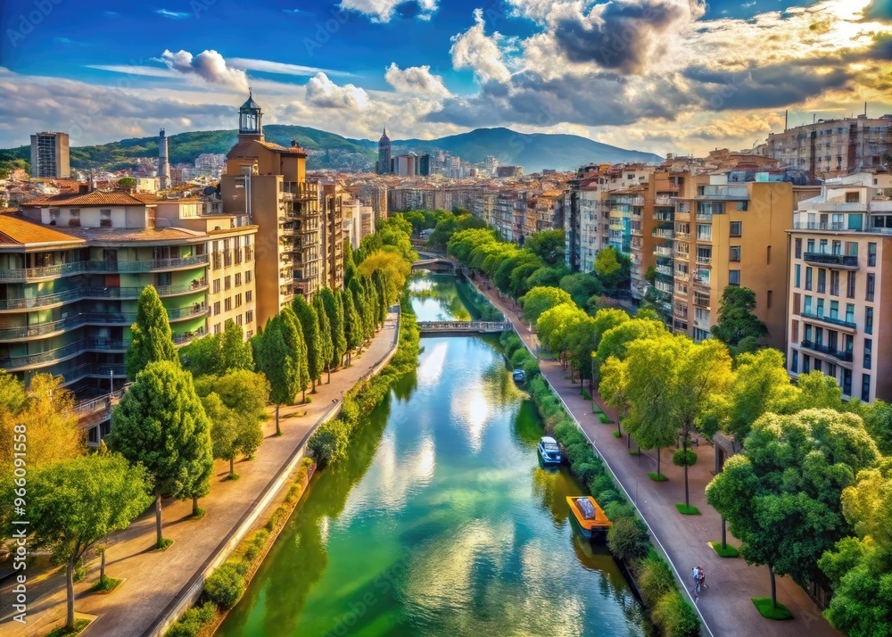 Scenic View Of A Tranquil River Flowing Through The Vibrant City Of Barcelona, Framed By Lush Greenery And Modern Architecture Scenic View Of A Tranquil River Flowing Through The Vibrant City Of Barcelona, Framed By Lush Greenery And Modern Architecture