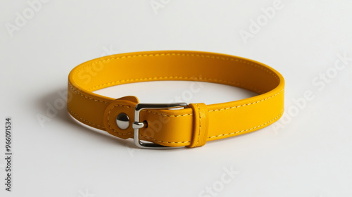 A bright yellow dog collar made of leather, with a tag attached, is shown against a plain white background.