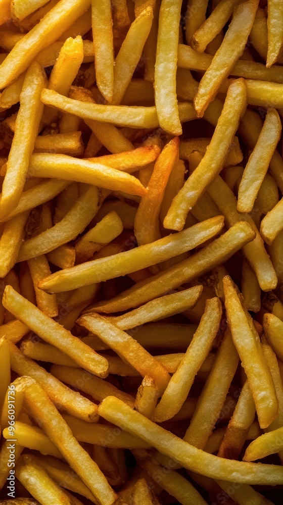 Horizontal view of golden French fries against dark backdrop.