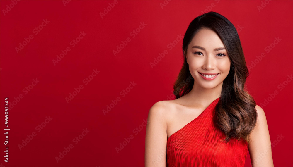 Beautiful young Asian woman smiling confidently in an elegant red dress, set against a vibrant red background, portrait exudes confidence, beauty, elegance, ideal for fashion, beauty, holiday Beautiful young Asian woman smiling confidently in an elegant red dress, set against a vibrant red background, portrait exudes confidence, beauty, elegance, ideal for fashion, beauty, holiday