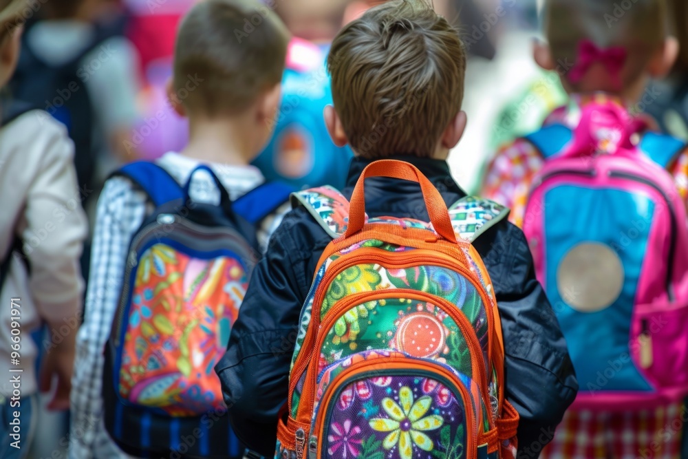 Fototapeta premium A group of children are walking down a hallway with their backpacks