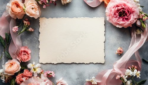 A floral arrangement surrounds a blank card, ideal for invitations or messages.