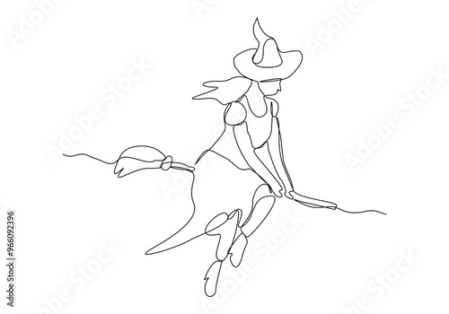 Continuous single line sketch drawing of wizard witch ride flying broom to the night sky halloween spooky concept one line vector illustration	