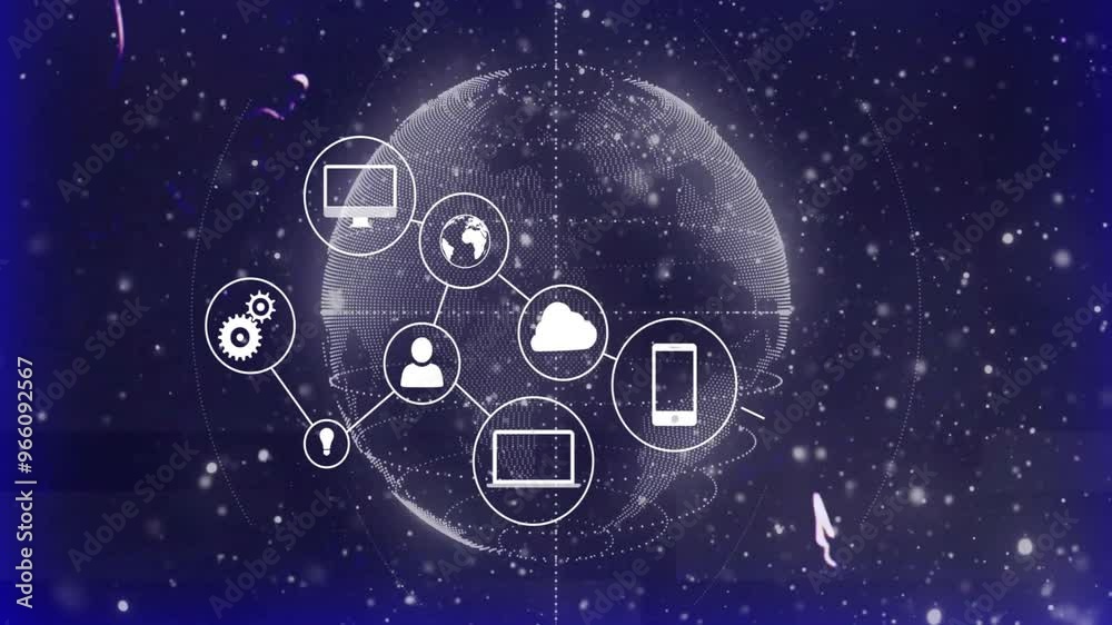 Animation of network of connections with icons over globe Animation of network of connections with icons over globe