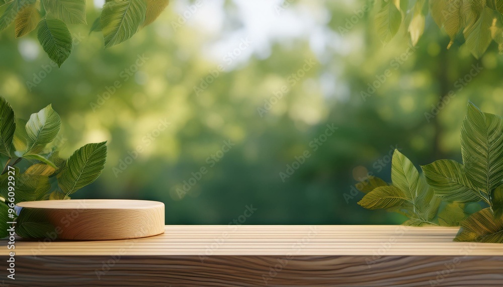Wooden product display podium with blurred nature leaves background. 3D rendering Wooden product display podium with blurred nature leaves background. 3D rendering