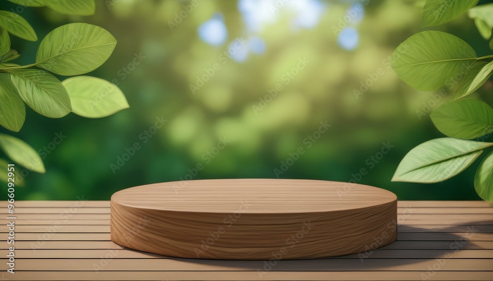 Wooden product display podium with blurred nature leaves background. 3D rendering Wooden product display podium with blurred nature leaves background. 3D rendering