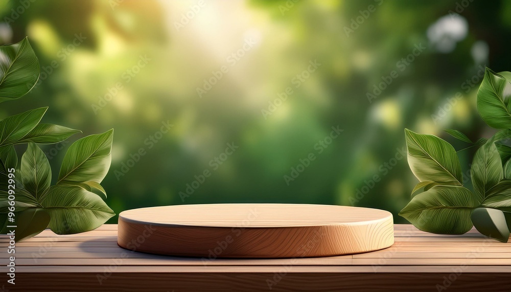 Wooden product display podium with blurred nature leaves background. 3D rendering Wooden product display podium with blurred nature leaves background. 3D rendering