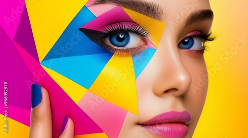 A woman with blue eyes and pink lips is the center of a colorful collage. The image is a creative and artistic representation of the woman's beauty and features a variety of colors and shapes