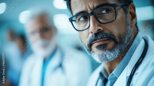 An experienced doctor with glasses stands in a hospital hallway, looking serious and concerned. This image captures the dedication and responsibility inherent in medical professions.