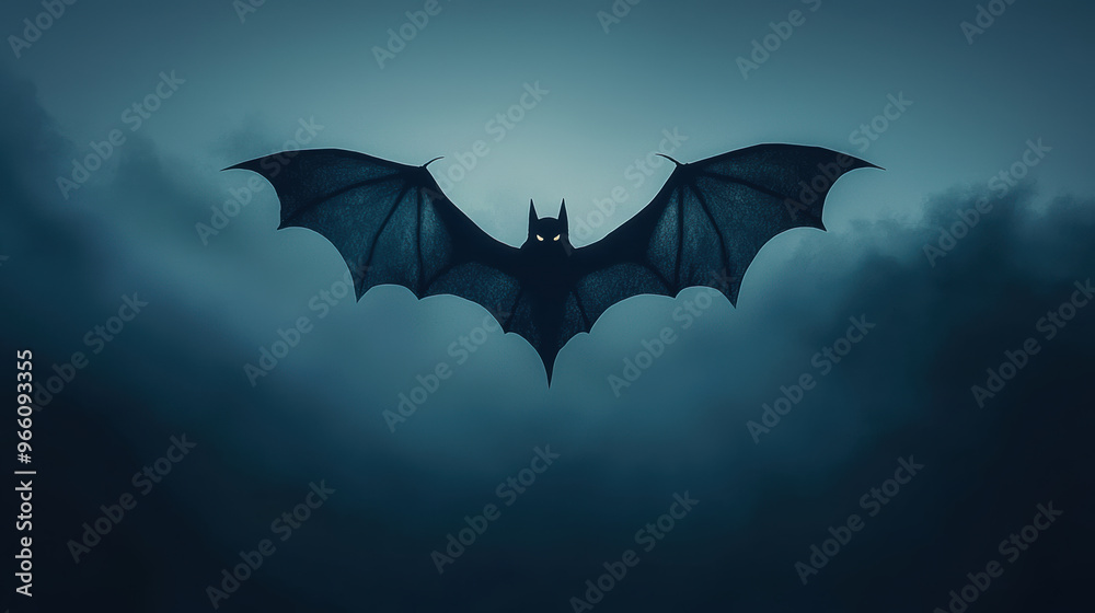 A silhouetted bat gracefully soaring through a dark, misty sky, embodying mystery and the essence of the night. A silhouetted bat gracefully soaring through a dark, misty sky, embodying mystery and the essence of the night.