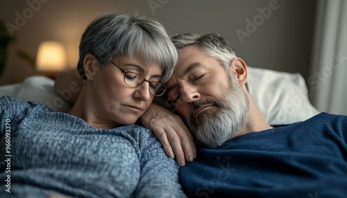 Tender Moment: Elderly Couple's Affectionate Embrace in Bedroom. Grey-Haired Woman in Blue Caressing Husband's Face. Heartwarming Scene of Love and Companionship in Later Years. Perfect for Senior Car