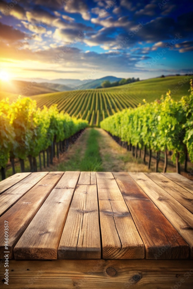 A Tranquil Scene Featuring an Empty Wooden Table Surrounded by Lush Vineyard Background for Relaxation and Dining Inspiration A Tranquil Scene Featuring an Empty Wooden Table Surrounded by Lush Vineyard Background for Relaxation and Dining Inspiration