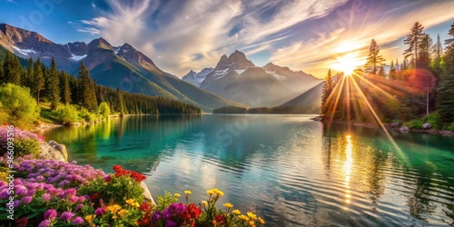 Serene Landscape With Vibrant Flora, Glistening Waters, And Majestic Mountains Bathed In Ethereal Sunlight. photo