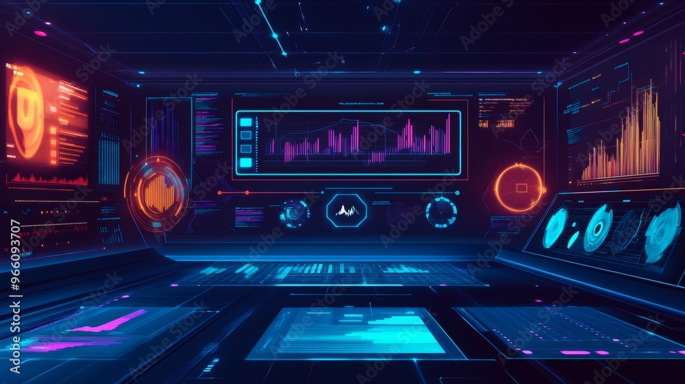 Futuristic digital interface with glowing lines, data graphs, and circular displays. Futuristic digital interface with glowing lines, data graphs, and circular displays.