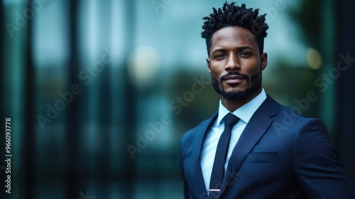 A young businessman with a short hairstyle and trimmed beard stands confidently in a navy blue suit outside a modern glass building, showcasing his poised demeanor and professionalism. photo