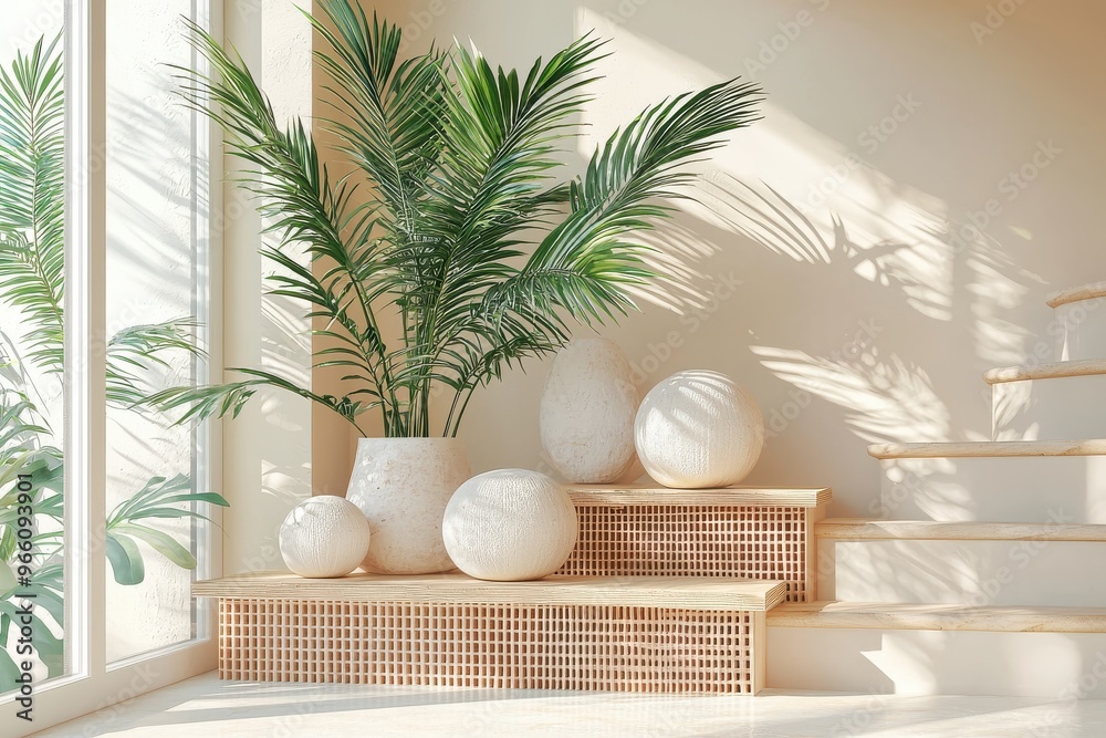 Fototapeta premium Tropical home decor with lush green palm leaves and minimalist white accents