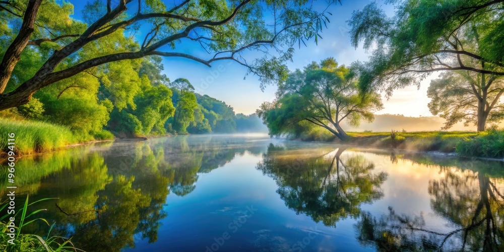Serene morning scene of a tranquil river branch, surrounded by lush greenery and trees, reflecting the soft blue sky with subtle misty atmosphere. Serene morning scene of a tranquil river branch, surrounded by lush greenery and trees, reflecting the soft blue sky with subtle misty atmosphere.