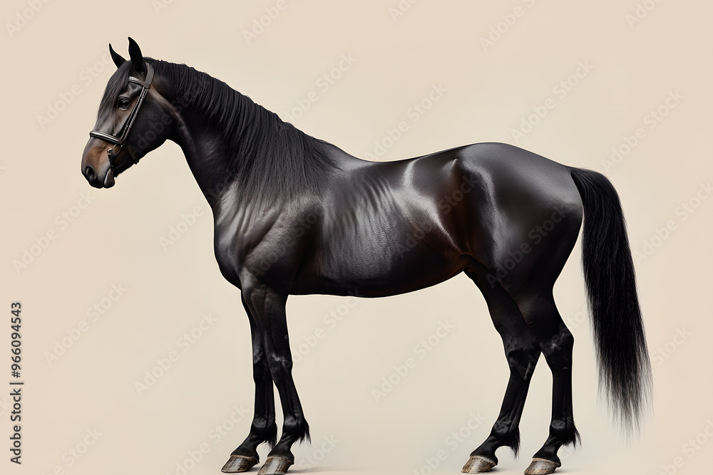 Black horse standing proudly in full body pose isolated on white background
Black horse standing proudly in full body pose isolated on white background