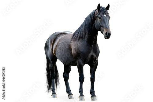 Black horse standing proudly in full body pose isolated on white background 