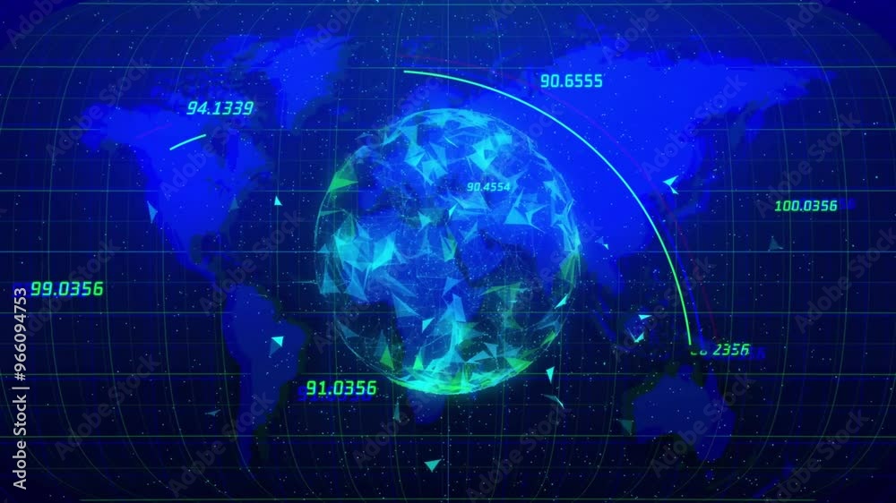 Animation of network of connections with data processing over globe Animation of network of connections with data processing over globe