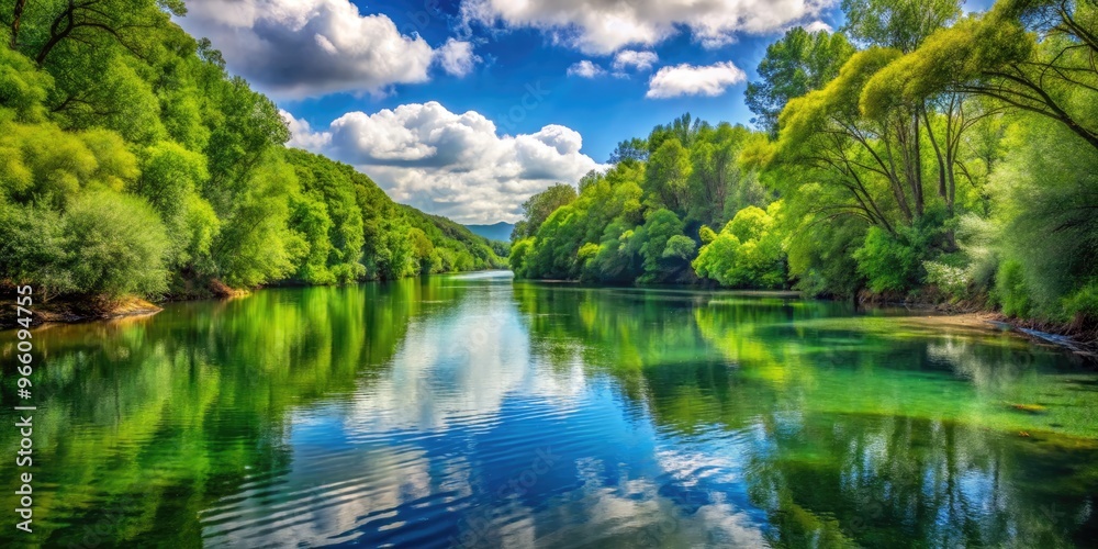 Fototapeta premium Serene River With Rippling Clear Water And Lush Green Vegetation Lining Its Banks