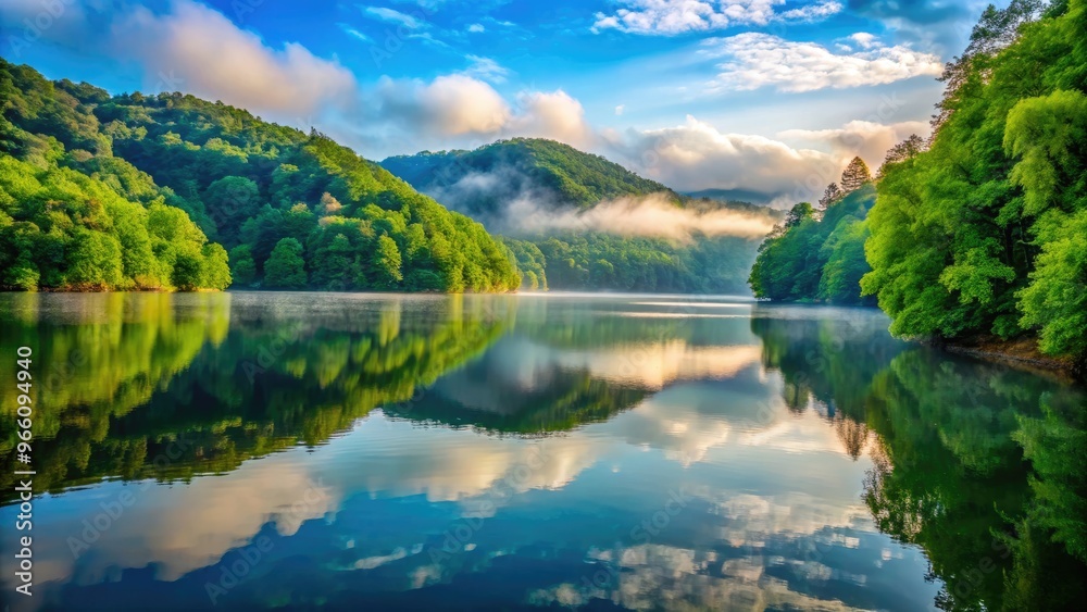 Fototapeta premium Serene summer morning at Laurel River Lake, Kentucky, with misty fog rolling over calm waters, surrounded by lush green forest and gentle rolling hills.