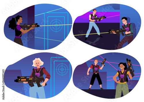 A bright set of sticker illustrations of characters playing laser tag.