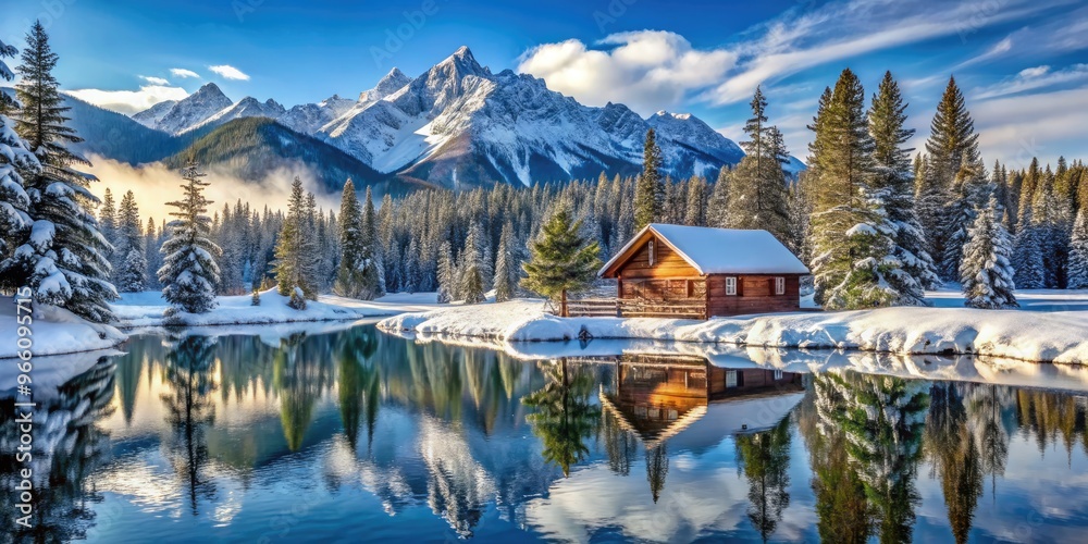 Serene winter landscape of Mountain Home, Idaho, featuring snow-capped mountains, frozen lake, and pine trees, with a rustic cabin nestled among the evergreens.