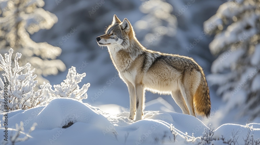 Wolf standing in a snowy forest with sunlight shining through the trees Wolf standing in a snowy forest with sunlight shining through the trees