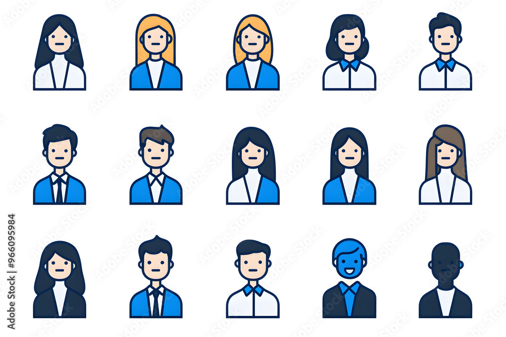 Avatar people silhouette blue line art icon collection isolated on white background