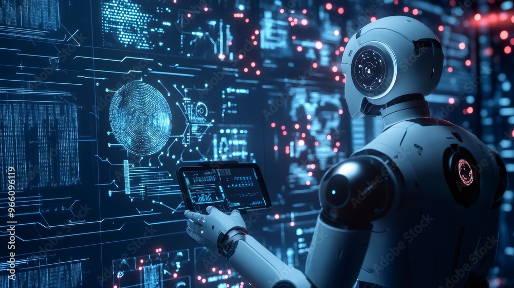 Futuristic robot in front of a wall of digital data, using a tablet to navigate and interact with the digital information. Futuristic robot in front of a wall of digital data, using a tablet to navigate and interact with the digital information.
