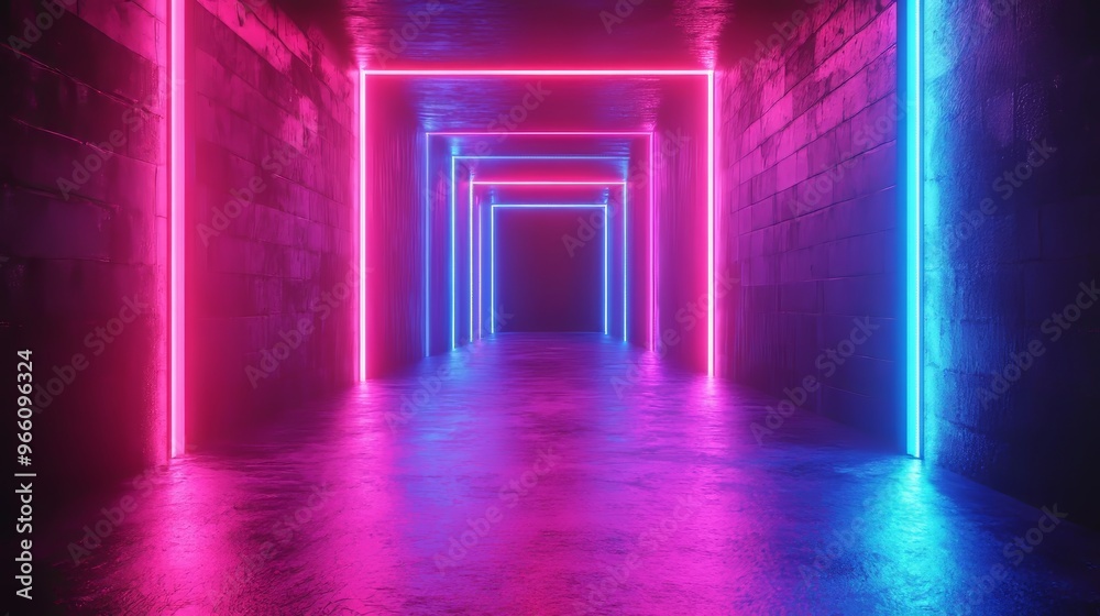 A neon colored tunnel with a blue and pink light A neon colored tunnel with a blue and pink light