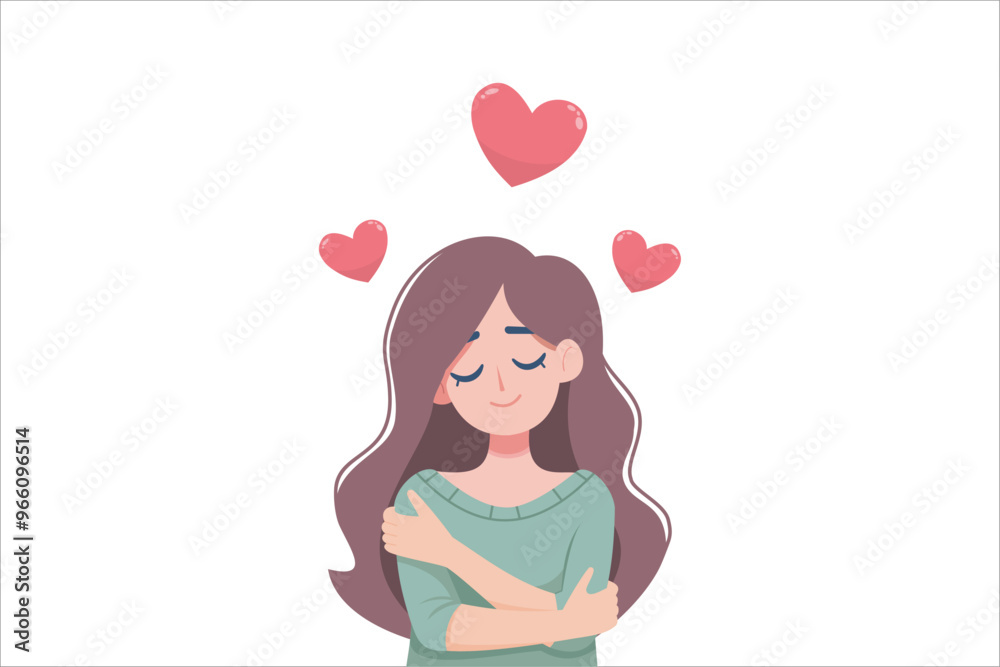 Woman Character Hug Herself Taking Care and Show Importance of Oneself. Vector Illustration. Woman Character Hug Herself Taking Care and Show Importance of Oneself. Vector Illustration.
