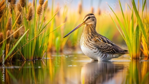 A solitary snipe bird stands camouflaged among tall reeds and grasses, its distinctive plumage blending seamlessly into