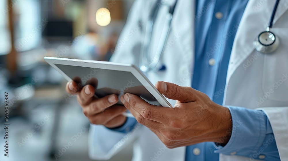 A doctor using a tablet to show medical information to a patient during a meeting in a clinic, close-up of hands and screen. High-quality photograph. A doctor using a tablet to show medical information to a patient during a meeting in a clinic, close-up of hands and screen. High-quality photograph.