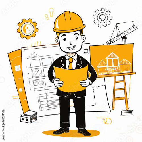 Engineer holding blueprint in suit and helmet with construction background