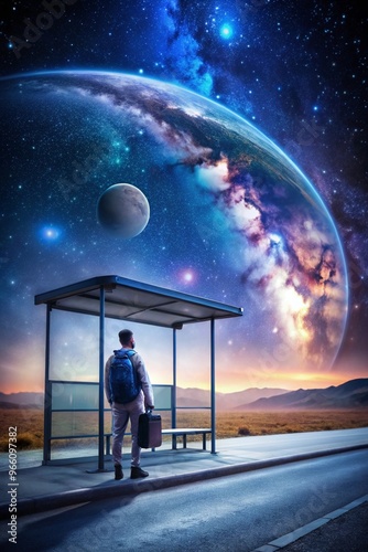 Interstellar Traveler Waiting for a Bus Under an Unfamiliar Sky: A Visual Exploration of Space Travel Themes