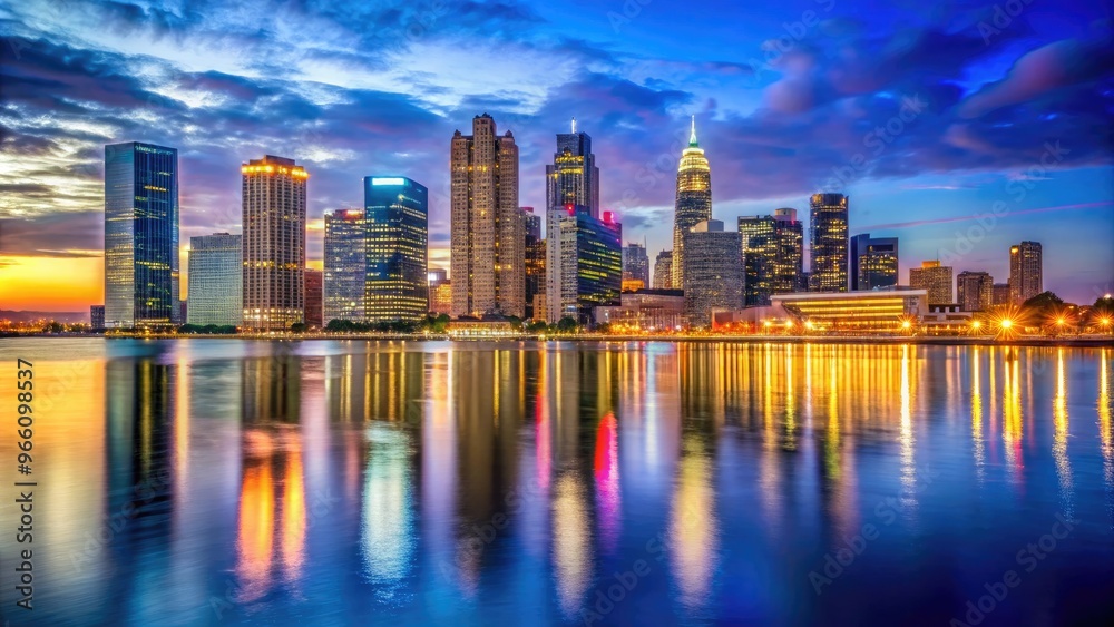 Fototapeta premium Sparkling skyscrapers and vibrant city lights reflect off the tranquil waters of the Detroit River, surrounded by bustling streets and walkways of downtown Detroit's revitalized waterfront.