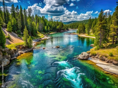 Sparkling turquoise waters of the Firehole River flow through a serene wilderness landscape, surrounded by lush greenery and towering trees in Yellowstone National Park. photo