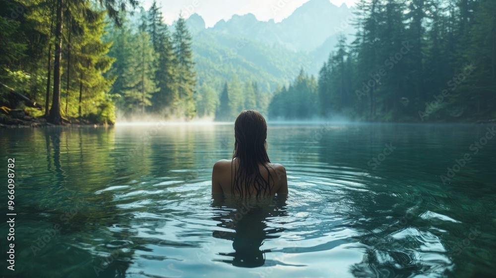 Woman swimming alone in a serene lake surrounded by trees and mountains Woman swimming alone in a serene lake surrounded by trees and mountains