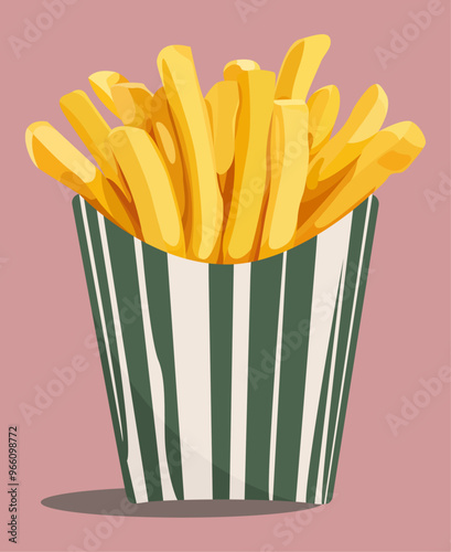 Realistic french fries in the beige and green container on the pink background, vector illustration