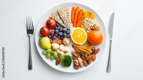 A colorful plate filled with fresh fruits, vegetables, nuts, and grains showcasing a healthy and balanced meal.