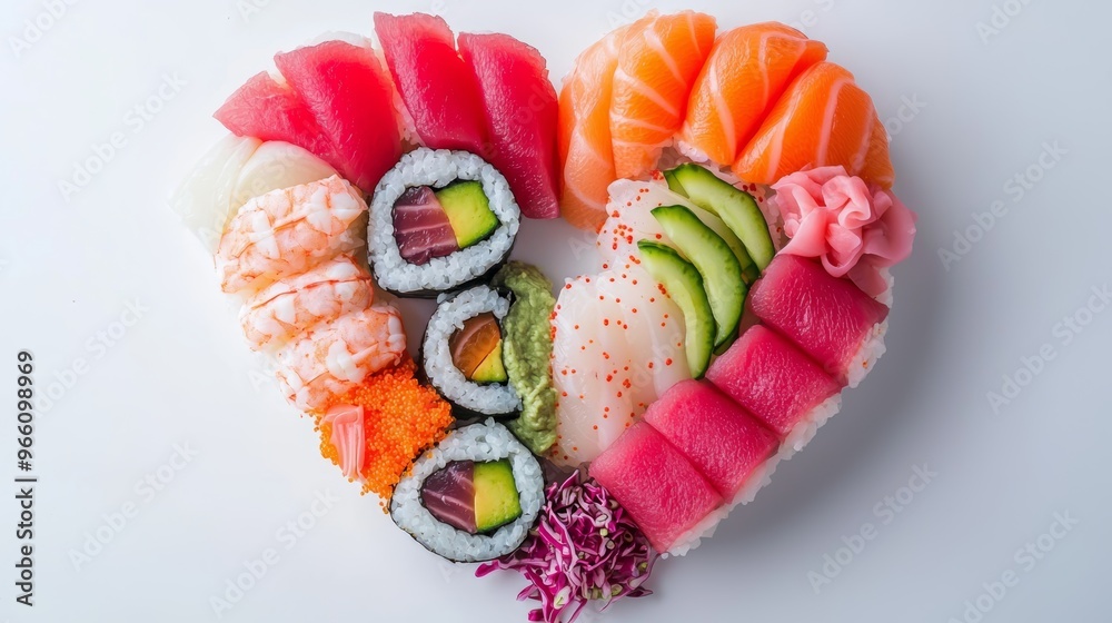 A heart-shaped arrangement of assorted sushi, showcasing vibrant colors and fresh ingredients, perfect for food lovers. A heart-shaped arrangement of assorted sushi, showcasing vibrant colors and fresh ingredients, perfect for food lovers.