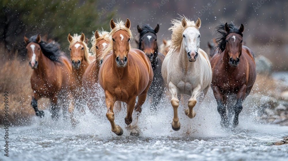 A Herd of Wild Horses Running Along a Riverbank, Analyze the dynamic and energetic image of a herd of wild horses galloping alongside a flowing river. A Herd of Wild Horses Running Along a Riverbank, Analyze the dynamic and energetic image of a herd of wild horses galloping alongside a flowing river.
