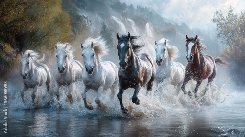 A Herd of Wild Horses Running Along a Riverbank, Analyze the dynamic and energetic image of a herd of wild horses galloping alongside a flowing river.