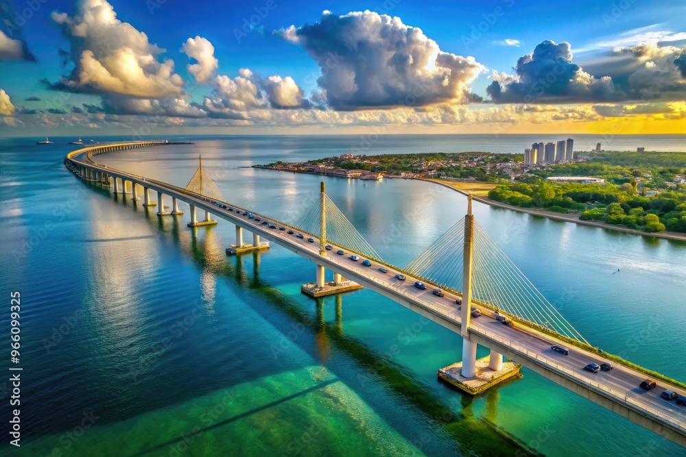Fototapeta premium Stunning Aerial Panorama Of The Iconic Sunshine Skyway Bridge Across The Vast Expanse Of Tampa Bay, Connecting Bustling Cities And Tranquil Shores.