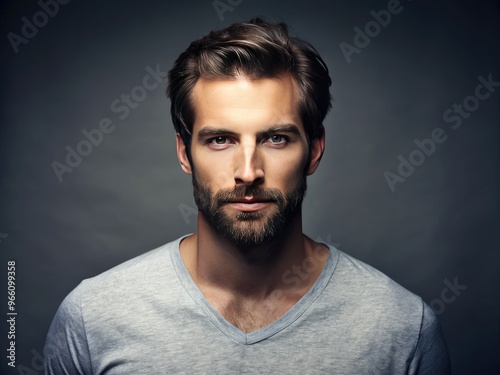 Studio Portrait Of A Handsome Male Model With A Neatly Trimmed Beard And Expressive Eyes, Wearing A Casual T-Shirt.