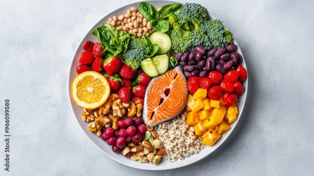 A vibrant plate filled with fresh vegetables, fruits, nuts, and salmon, showcasing a colorful, healthy meal option. A vibrant plate filled with fresh vegetables, fruits, nuts, and salmon, showcasing a colorful, healthy meal option.