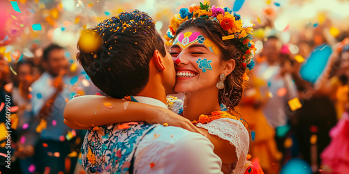 A happy couple, a girl and a young man, in Mexican costumes, hug and dance at a street festival in honor of the Day of the Dead. photo